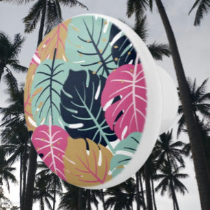 Tropical Palm Leaves in Pink & Blue   Ceramic Knob