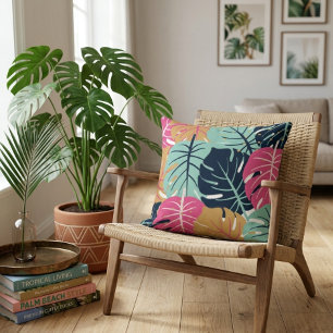 Tropical Palm Leaves in Pink & Blue Decorative Cushion