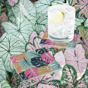 Tropical Palm Leaves in Pink & Blue Glass Coaster