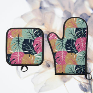 Tropical Palm Leaves in Pink & Blue    Oven Mitt & Pot Holder Set