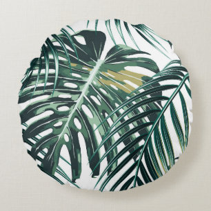 Tropical palm leaves, jungle leaves seamless flora round cushion