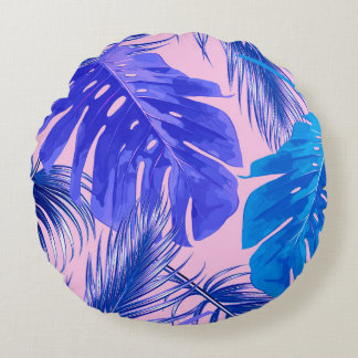 Tropical palm leaves, jungle leaves seamless flora round cushion