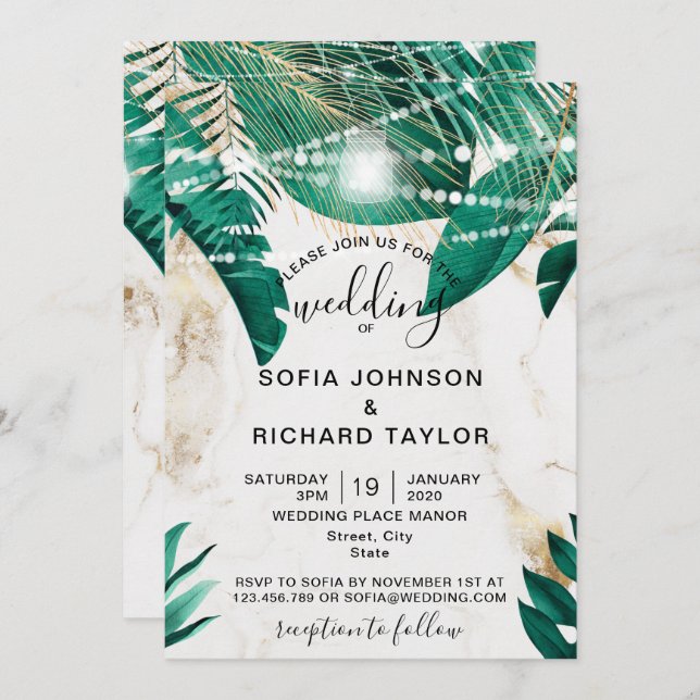 Tropical Palm Leaves Light Jar gold marble  Invitation (Front/Back)