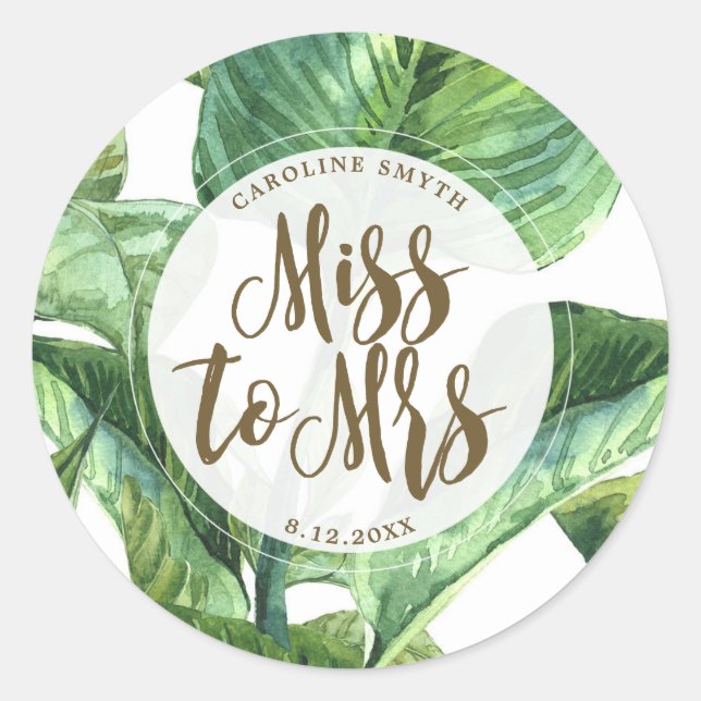 tropical palm leaves miss to mrs favors sticker (Front)
