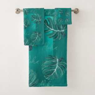 Tropical palm leaves modern teal aloha script bath towel set