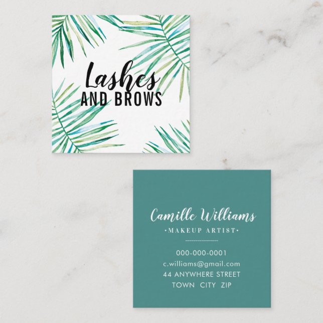 TROPICAL PALM LEAVES modern watercolor botanical Square Business Card (Front/Back)