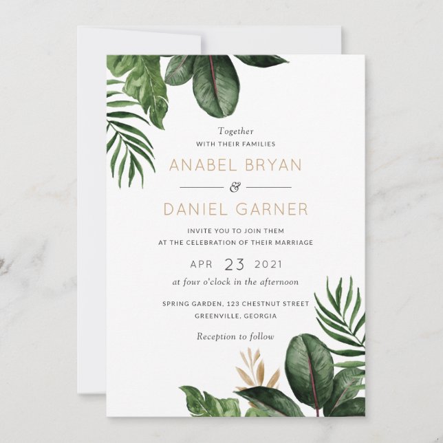 Tropical Palm Leaves Modern Wedding Invitation (Front)