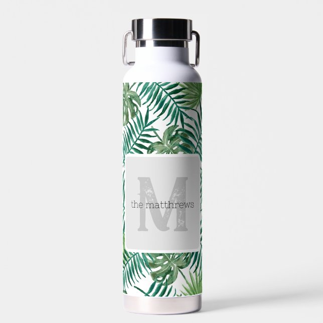 Tropical Palm Leaves Monogram Name  Water Bottle (Front)
