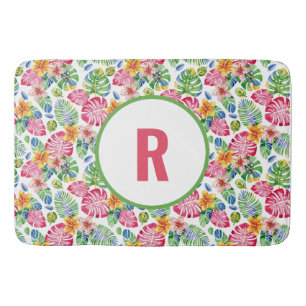 Tropical Palm Leaves Monogram pink green Bath Mat