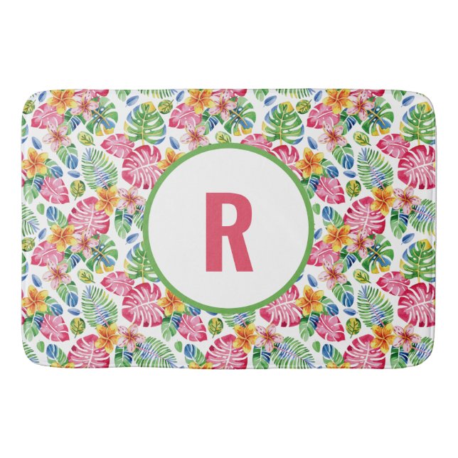 Tropical Palm Leaves Monogram pink green  Bath Mat (Front)