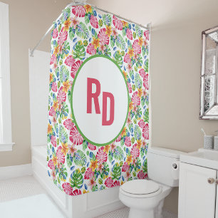 Tropical Palm Leaves Monogram pink green  Shower Curtain