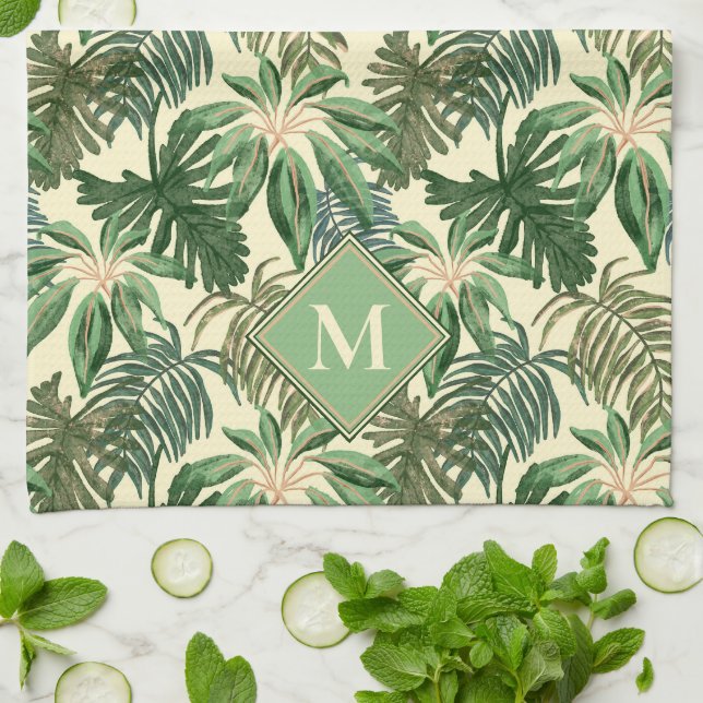 Tropical Palm Leaves Monogram Tea Towel (Folded)