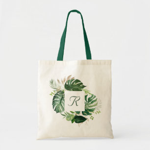 Tropical Palm Leaves Monogram Tote Bag