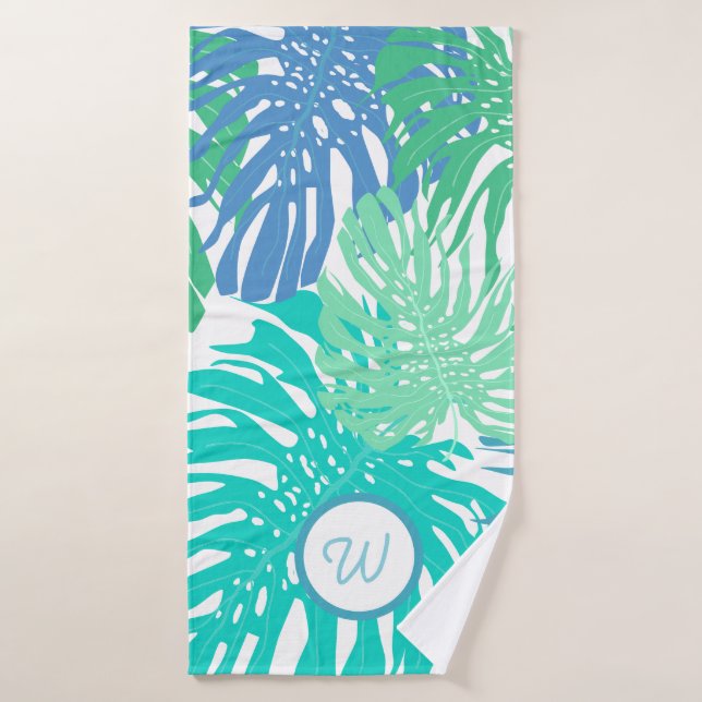 Tropical palm leaves monogrammed bath towel set (Bath Towel)