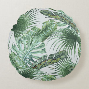 Tropical palm leaves, monstera, banana leaf, jungl round cushion