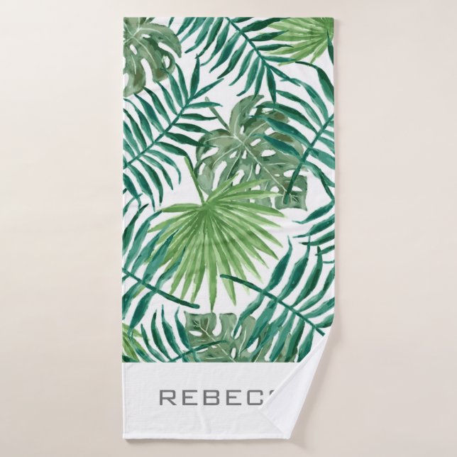 Tropical Palm Leaves Name Personalised Beach Towel (Bath Towel)