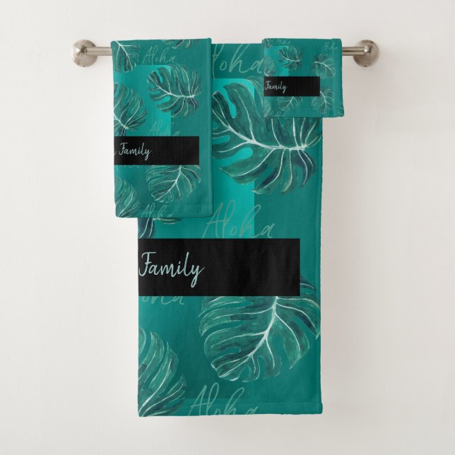 Tropical palm leaves name personalised modern bath towel set (Insitu)