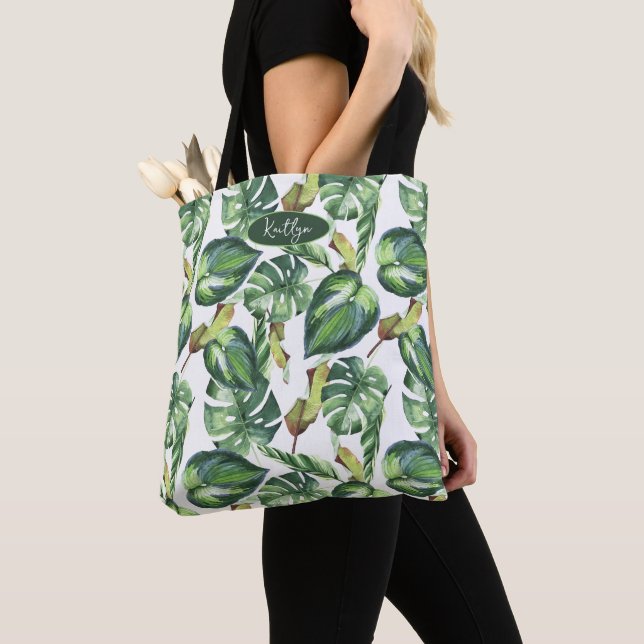 Tropical Palm Leaves Name Tote Bag (Close Up)