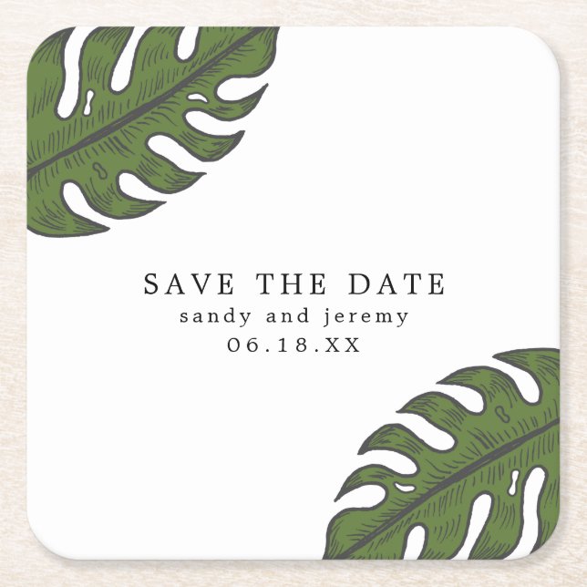 Tropical Palm Leaves Non Photo Save the Date Square Paper Coaster (Front)