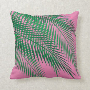 Tropical Palm Leaves on Pink Sky Cushion