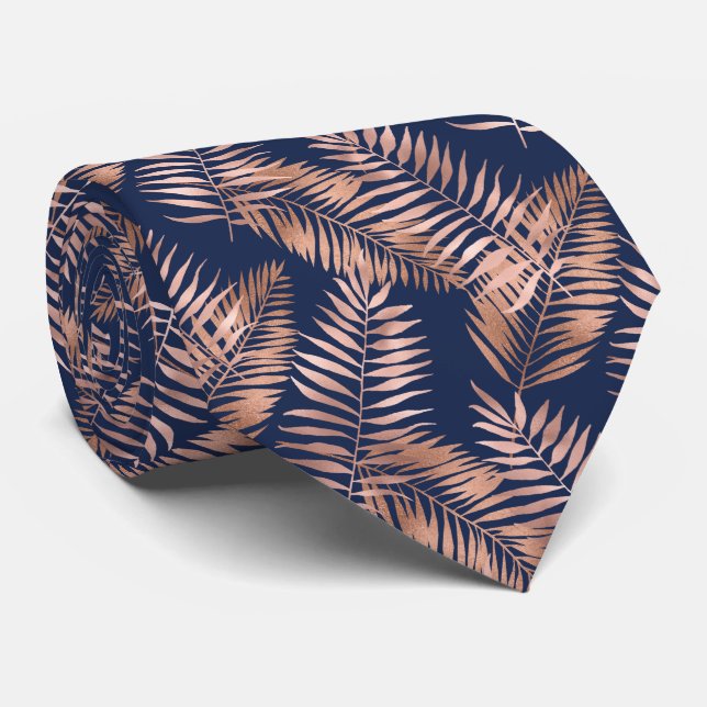 Tropical Palm Leaves Pattern Rose Gold Navy Blue Tie (Rolled)
