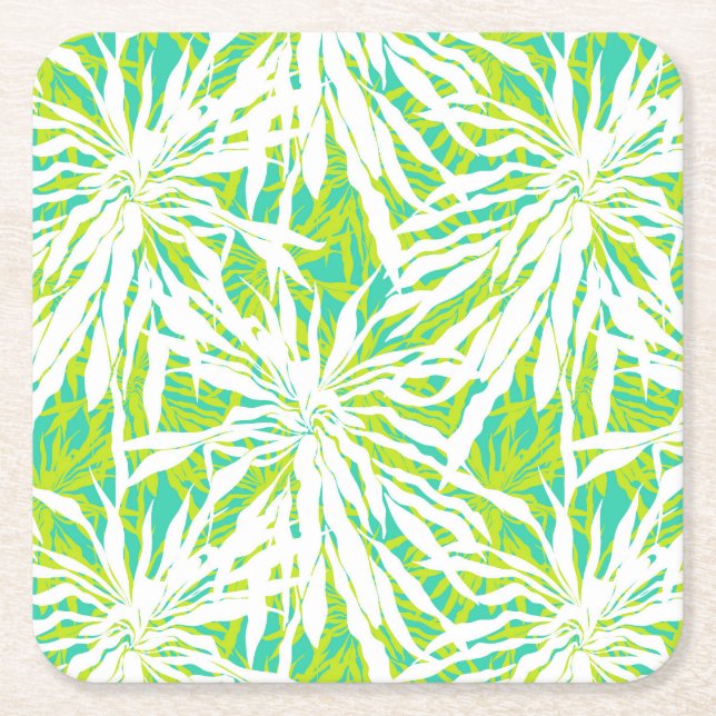 Tropical Palm Leaves Pattern Square Paper Coaster (Front)