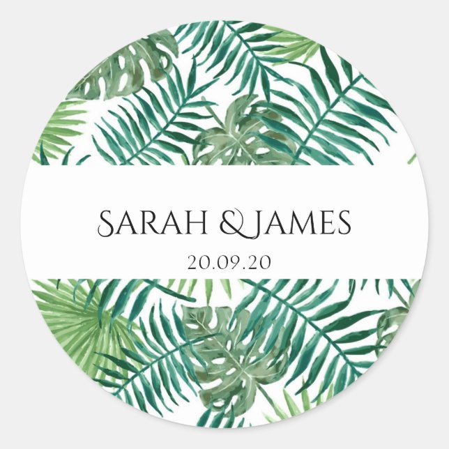 Tropical Palm Leaves Personalised Wedding Sticker (Front)