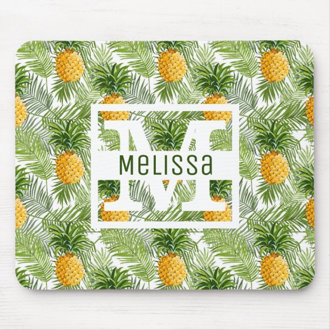 Tropical Palm Leaves & Pineapples | Add Your Name Mouse Mat (Front)