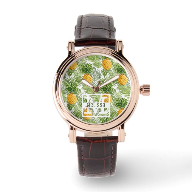 Tropical Palm Leaves & Pineapples | Add Your Name Watch (Front)