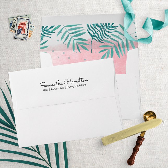 Tropical Palm Leaves Pink and Teal Watercolor Envelope (Creator Uploaded)
