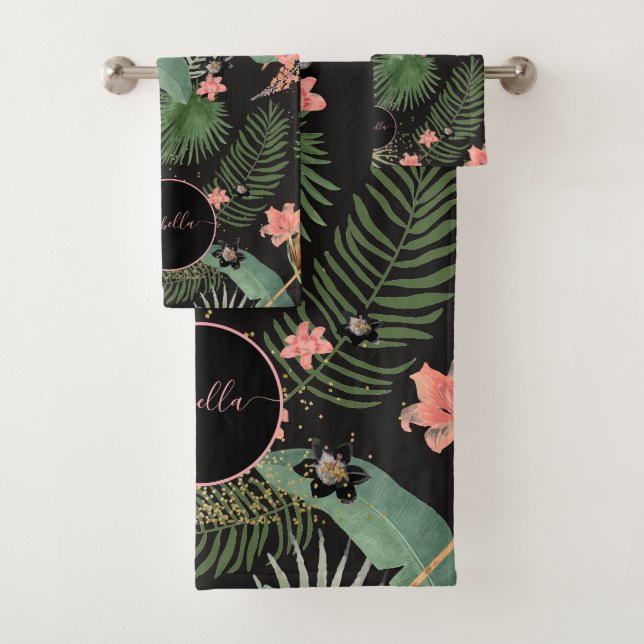 Tropical Palm Leaves Pink Floral Monogram Black Bath Towel Set (Insitu)