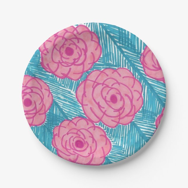 Tropical Palm Leaves & Pink Flowers Paper Plates (Front)