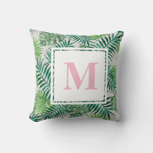 Tropical Palm Leaves   Pink Monogram Cushion