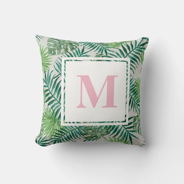 Tropical Palm Leaves | Pink Monogram Cushion (Front)