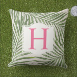 Tropical Palm Leaves Pink Monogram Cushion<br><div class="desc">Tropical style pillow design features a green palm leaf pattern of layered fronds with subtle neutral linen style background. White decorative frame has a family monogram initial in bright pink (can be customised) that you can personalise with your last name initial.</div>