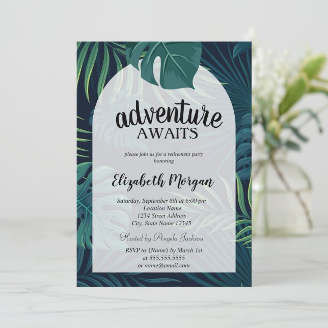 Tropical Palm Leaves Retirement Invitation (Standing Front)