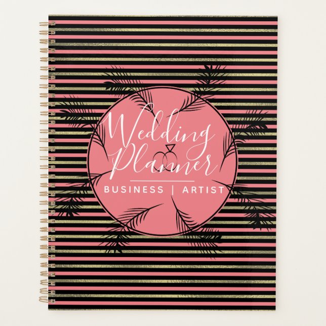 Tropical Palm Leaves Ring Foil Stripes Wedding Planner (Front)