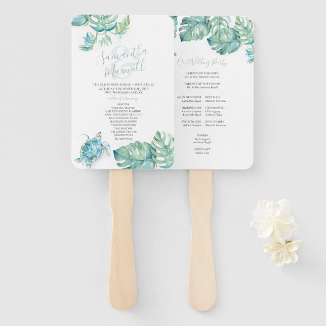 Tropical Palm Leaves Sea Turtle Wedding Hand Fan (Front and Back)