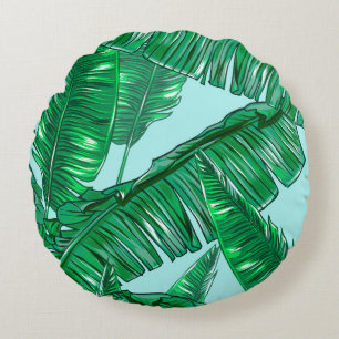 Tropical palm leaves seamless vintage floral patte round cushion