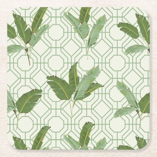 Tropical Palm Leaves Square Paper Coaster (Front)