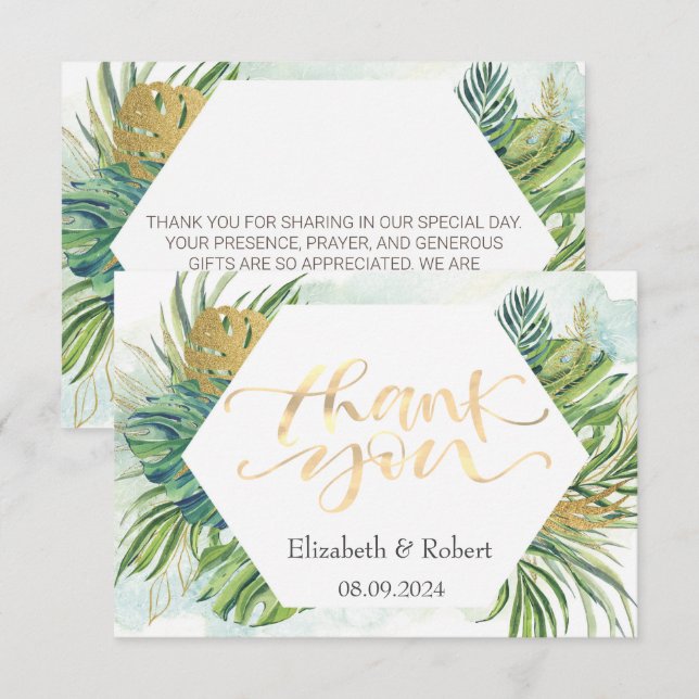 Tropical Palm Leaves Summer Wedding Thank You Card (Front/Back)