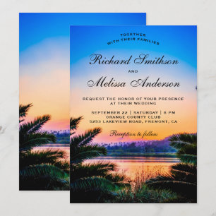 Tropical Palm Leaves Sunset Wedding Invitation