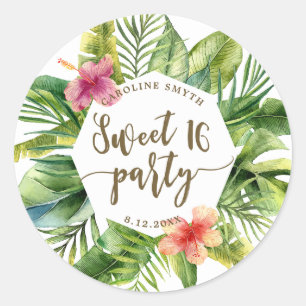 tropical palm leaves sweet 16 party sticker