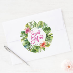 tropical palm leaves sweet 16 party sticker