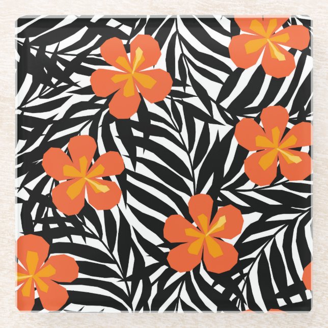 Tropical palm leaves, vintage applique style. glass coaster (Front)