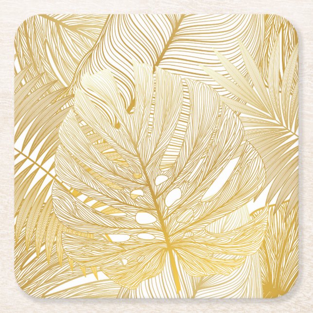 Tropical palm leaves: vintage pattern. square paper coaster (Front)
