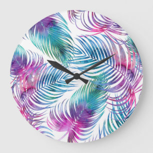 Tropical palm leaves, watercolor floral pattern. large clock