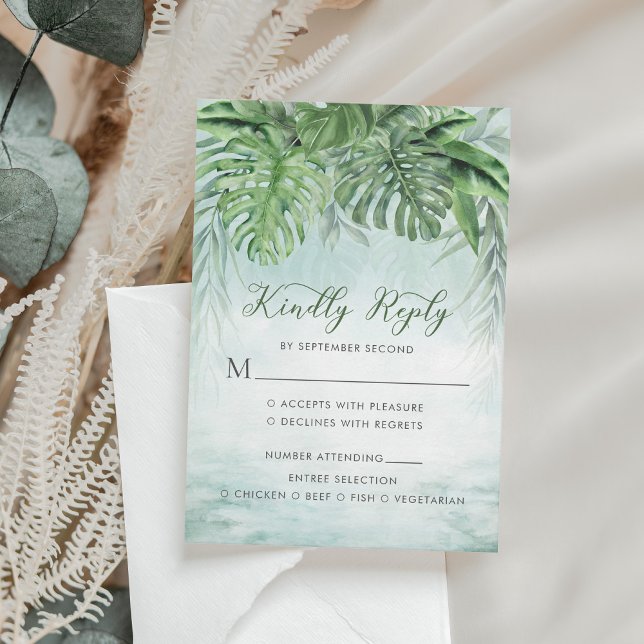 Tropical Palm Leaves Watercolor Greenery Wedding RSVP Card (Creator Uploaded)
