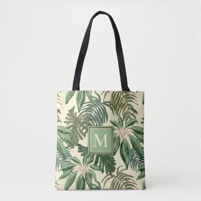 Tropical Palm Leaves Watercolor Monogram Tote Bag (Front)