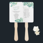 Tropical Palm Leaves Watercolor Wedding Hand Fan<br><div class="desc">This elegant watercolor wedding program fan features my original hand painted tropical monstera palm leaves in shades of turquoise, blue and green on a crisp white background. The bride and grooms names and island wedding program timeline are set in hand lettered script and sans serif typography. This double sided botanical...</div>